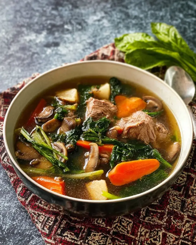Delicious bowl of Grandma's Pork and Vegetable Stew (Jab Chai) with vibrant vegetables.