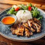Grilled lemongrass chicken served with Vietnamese dipping sauce on a plate.
