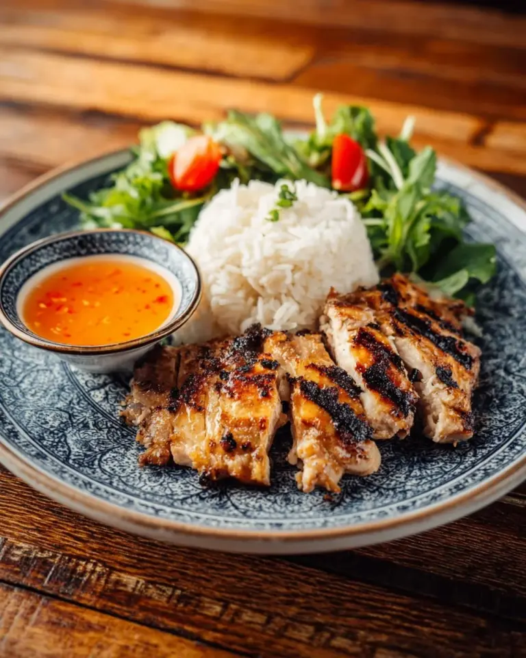 Grilled lemongrass chicken served with Vietnamese dipping sauce on a plate.