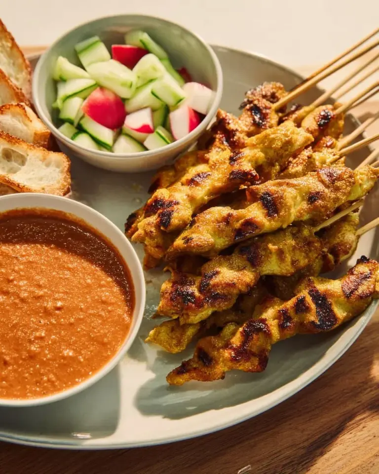 Grilled pork satay skewers with peanut sauce on a plate