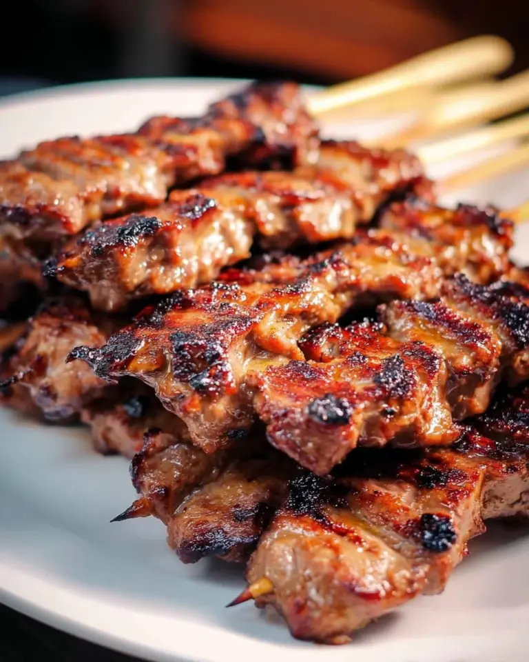 Grilled pork skewers on a barbecue grill with vegetables