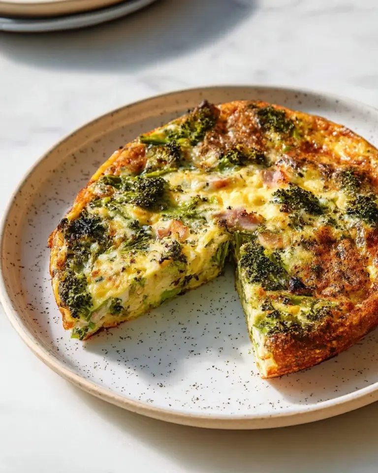 A delicious Ham and Broccolini Frittata served on a plate with fresh herbs.