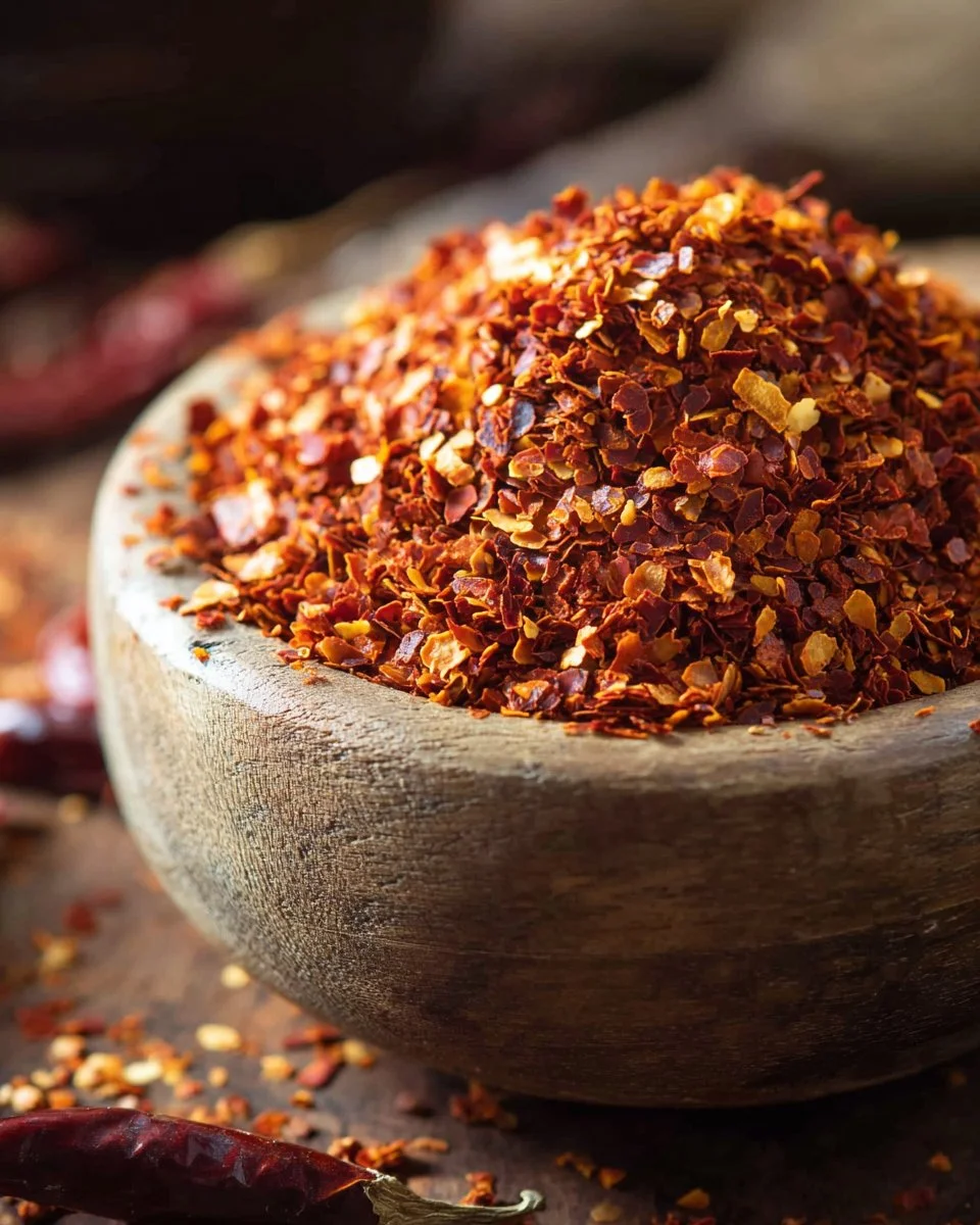 Homemade chili flakes made from dried red peppers