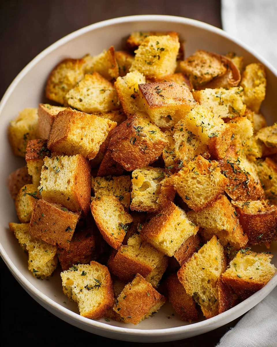 Bowl of homemade croutons fresh out of the oven, perfect for salads and soups