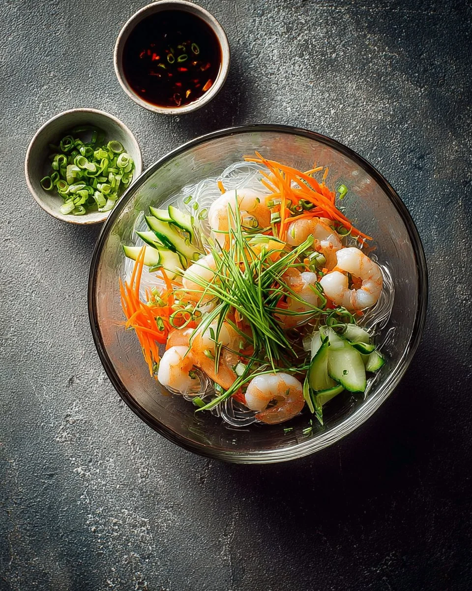 Bowl of homemade glass noodles with sesame soy dressing