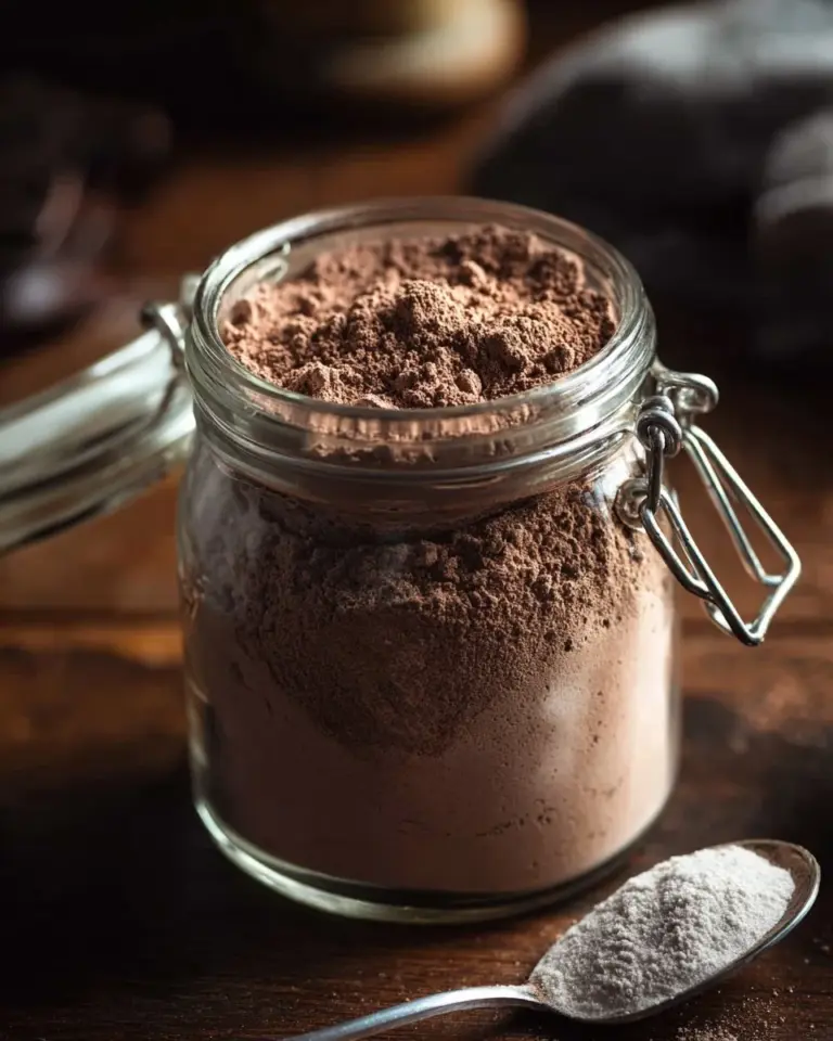 A large jar of homemade hot cocoa mix ready for winter drinks