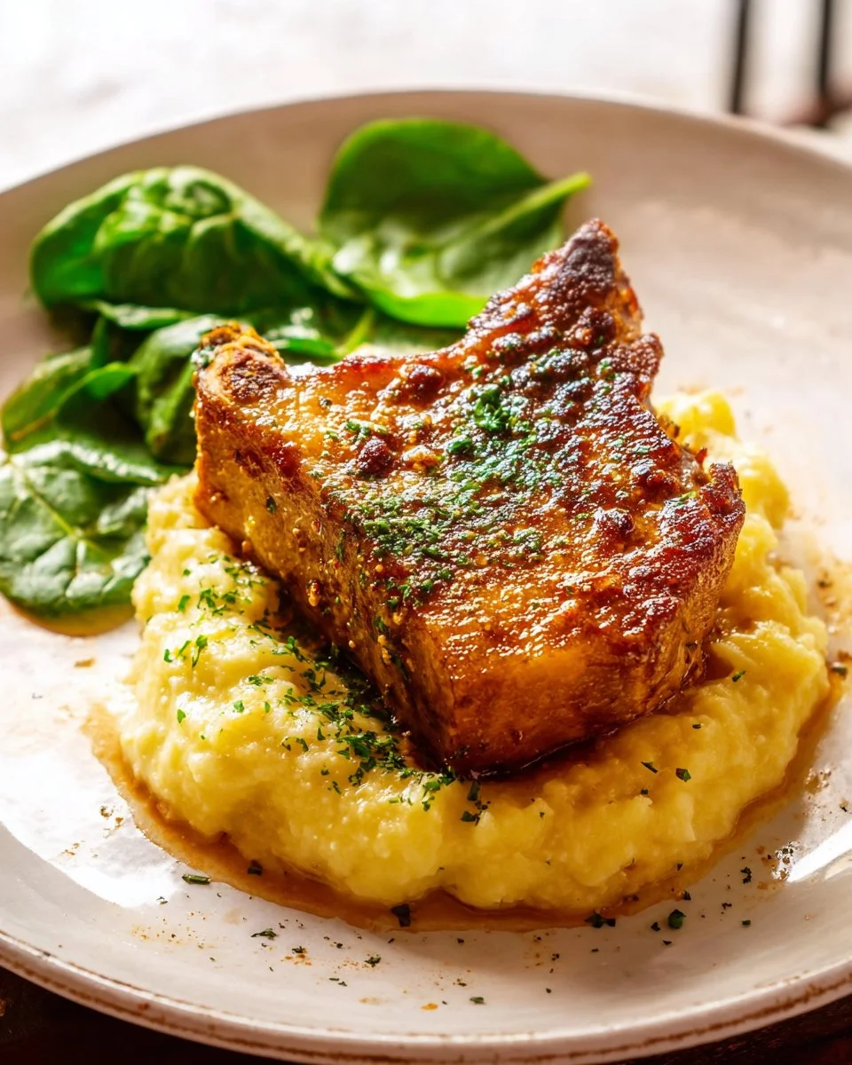 Perfectly cooked pork chops in the oven served with seasoning and sides