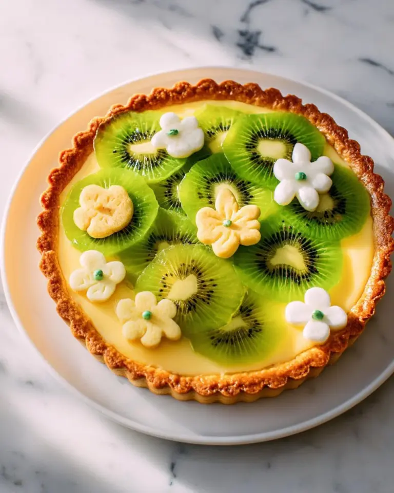 Delicious Kiwi Lime Curd Tart with fresh kiwi slices and lime zest.