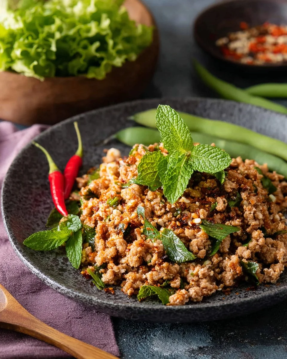 Delicious Laab Gai, spicy Thai chicken salad served with fresh herbs and vegetables.
