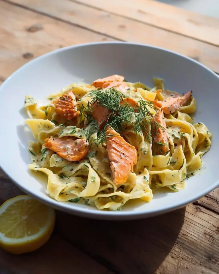 A plate of lemon dill salmon pasta garnished with fresh herbs and lemon slices.