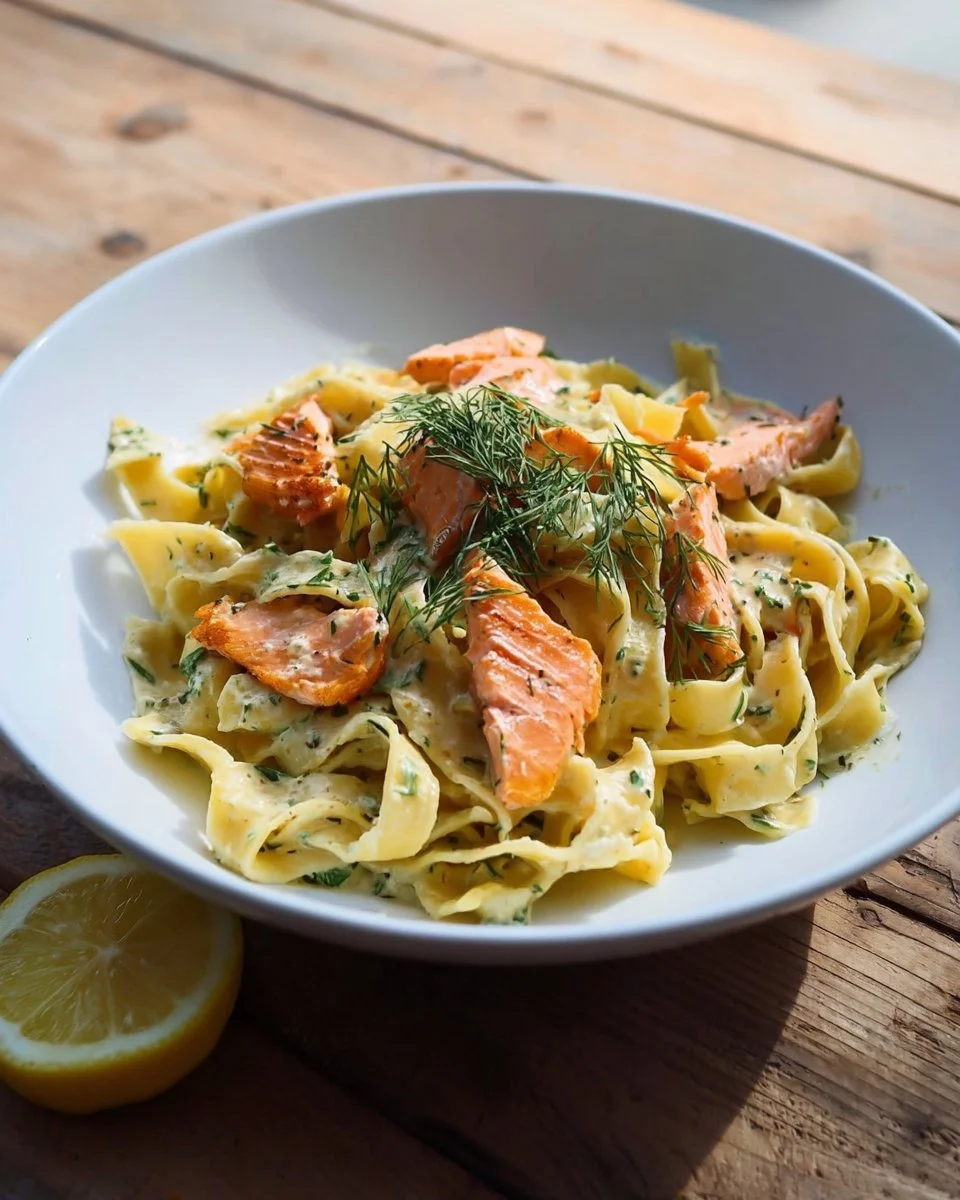 A plate of lemon dill salmon pasta garnished with fresh herbs and lemon slices.
