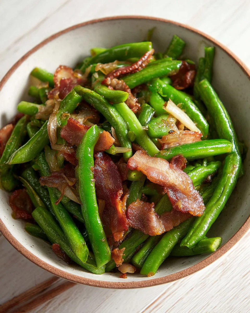 Long bean stir fry with bacon served on a plate with fresh ingredients