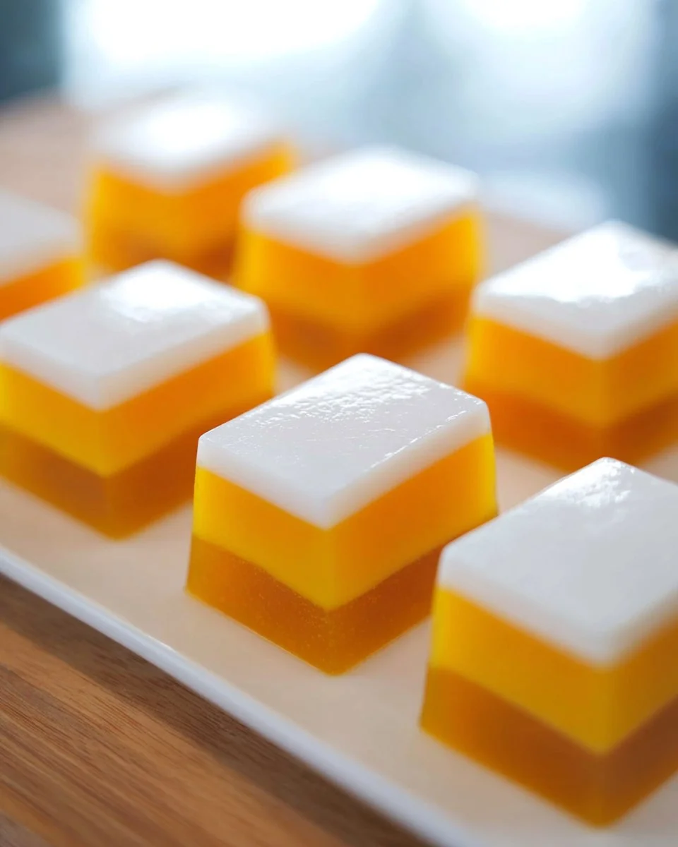 Delicious Mango Coconut Agar Agar Jelly dessert served in a clear glass bowl.