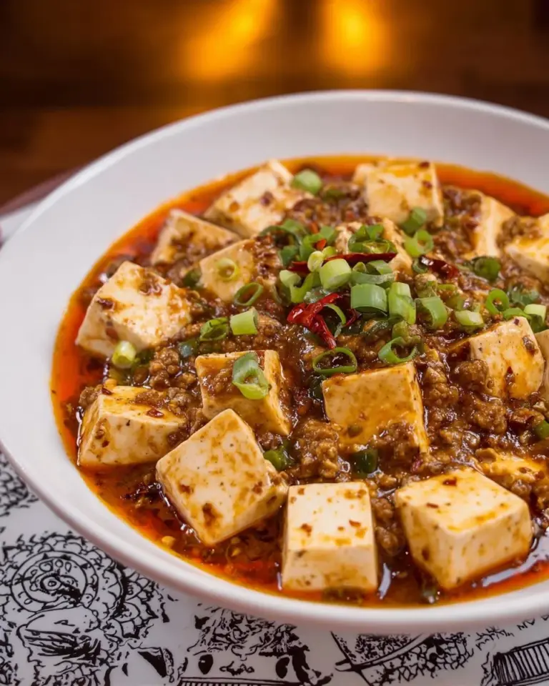 A delicious plate of Mapo Tofu garnished with green onions and served with rice.
