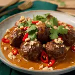 Delicious Massaman Curry Meatballs served with rice and garnished with herbs