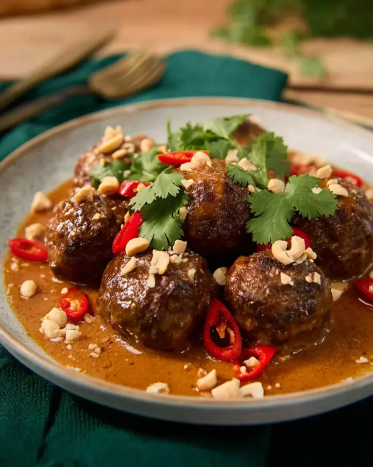 Delicious Massaman Curry Meatballs served with rice and garnished with herbs