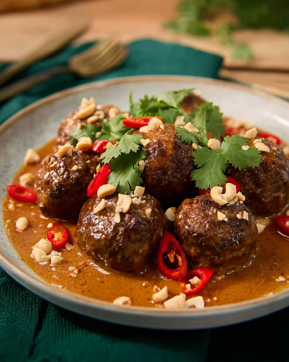 Delicious Massaman Curry Meatballs served with rice and garnished with herbs
