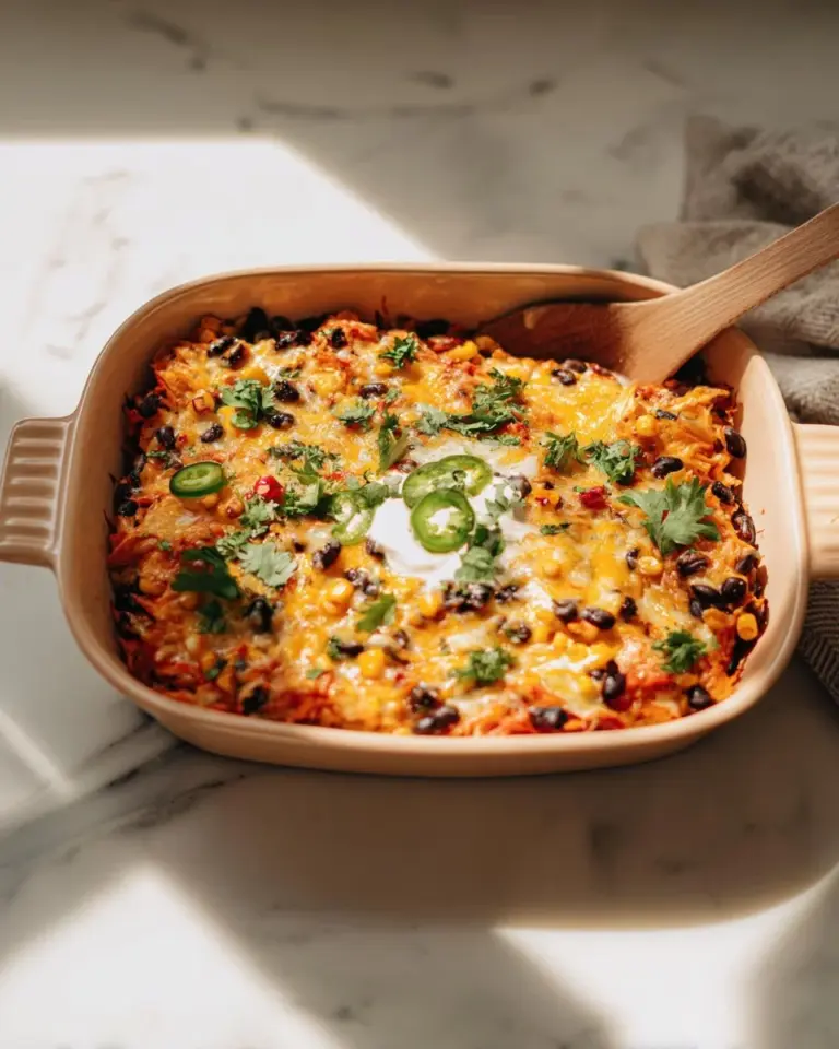 Delicious Mexican Chicken Casserole topped with cheese and fresh herbs
