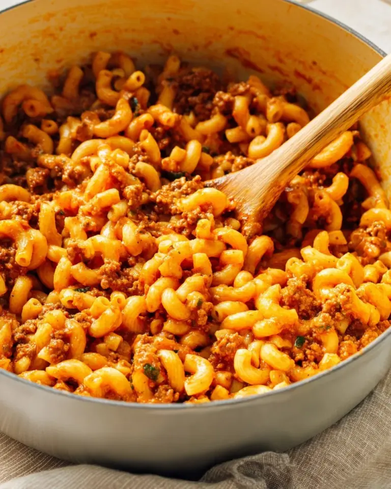 Delicious bowl of Mom's Best American Chop Suey with pasta and ground beef