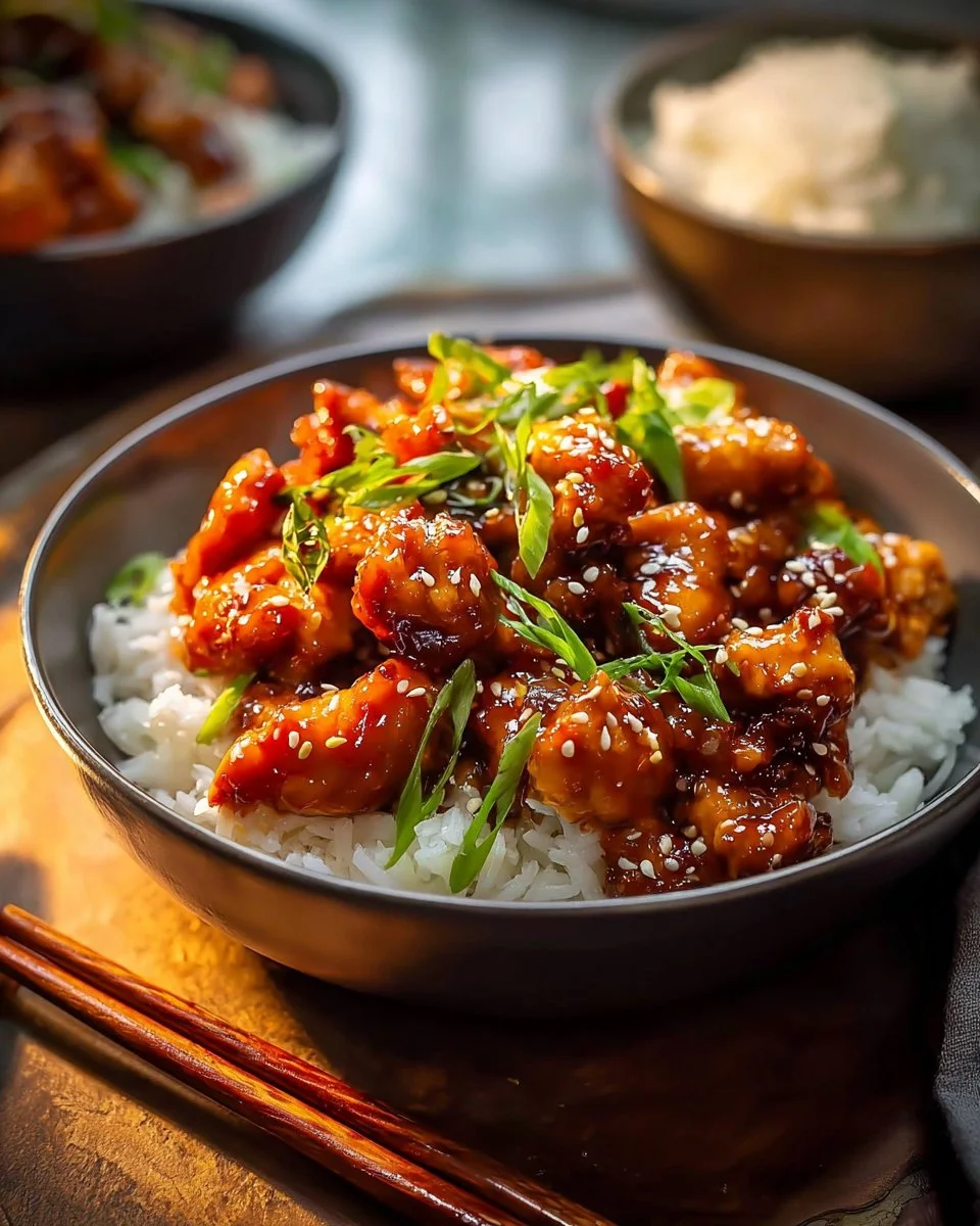 Plate of Mongolian Chicken garnished with green onions and sesame seeds