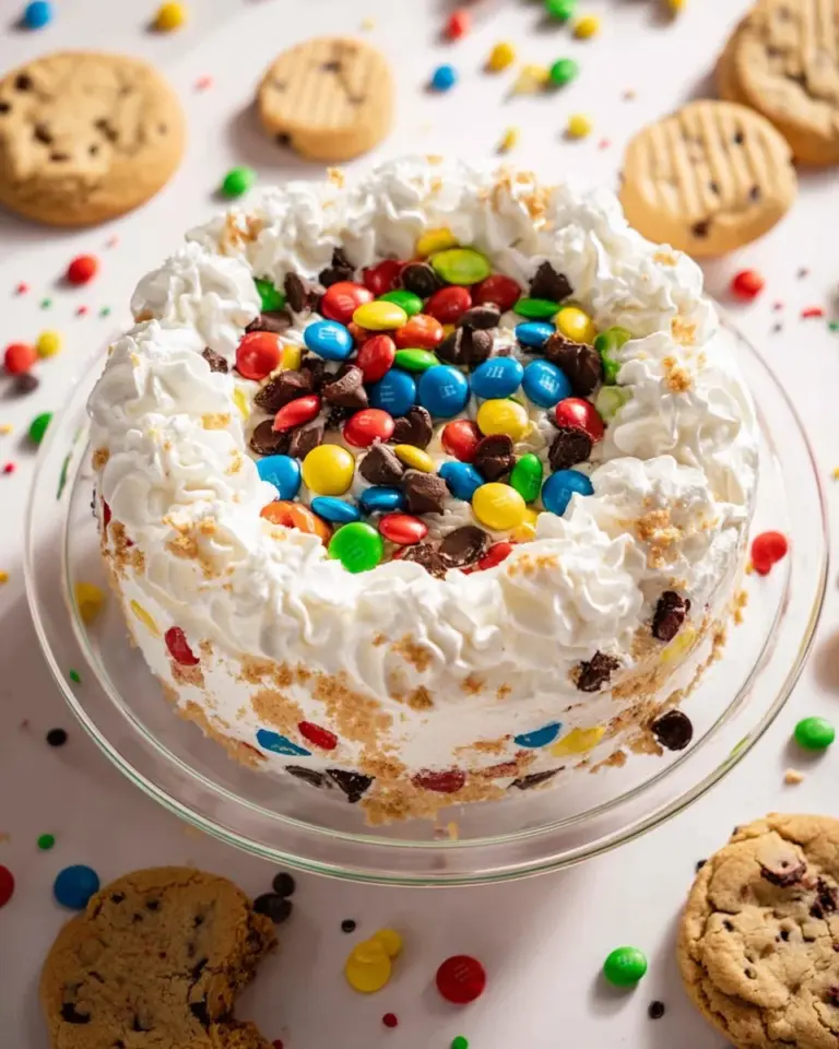 Delicious Monster Cookie Cheesecake topped with cookie pieces and colorful sprinkles.