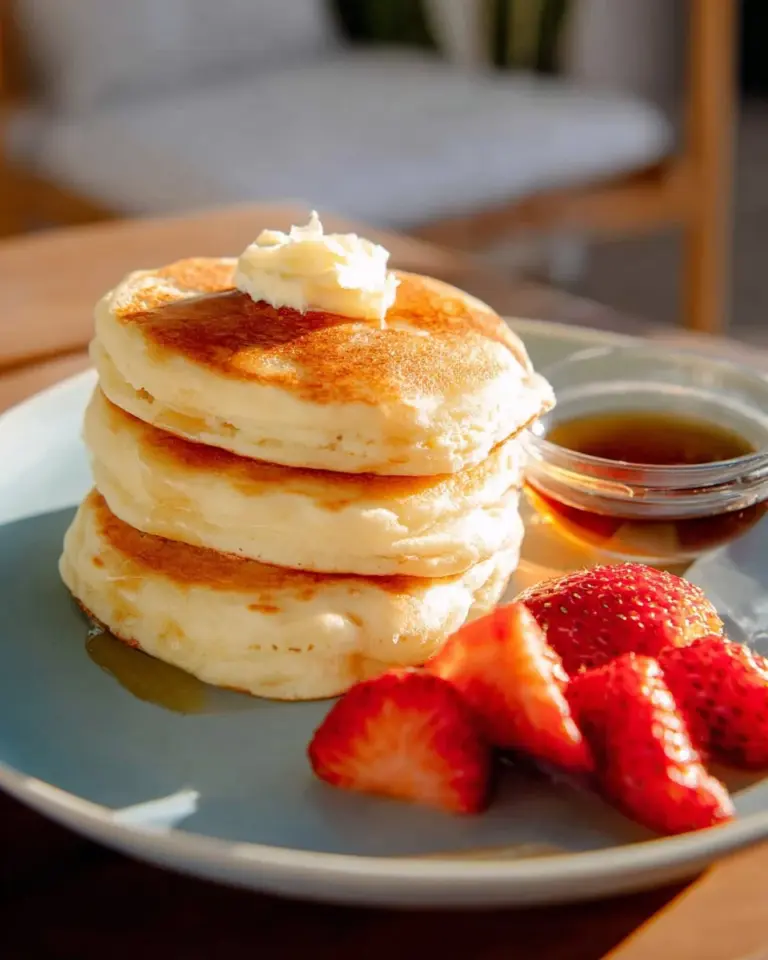 Delicious fluffy pancakes stacked with syrup and berries