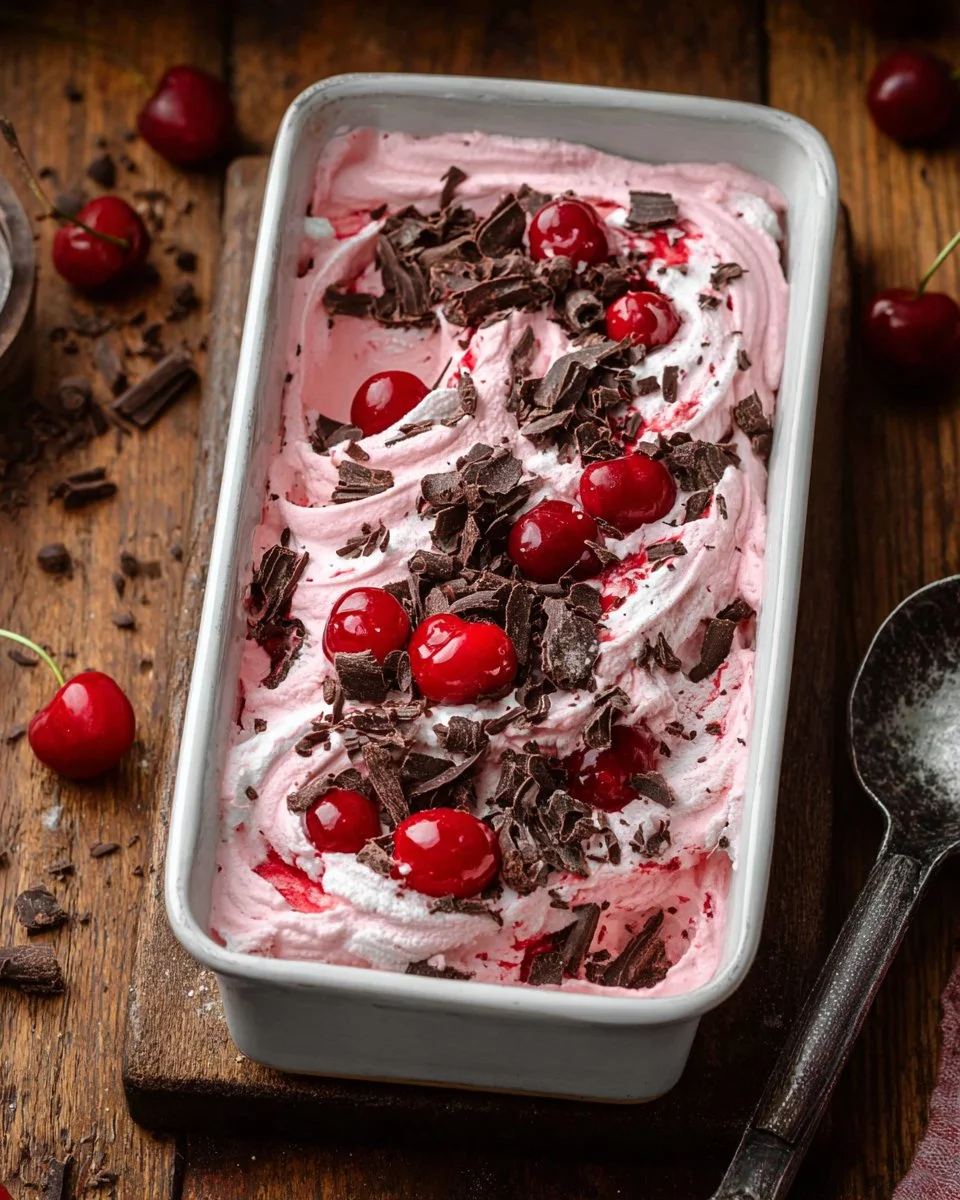 Bowl of no churn chocolate cherry ice cream topped with cherries