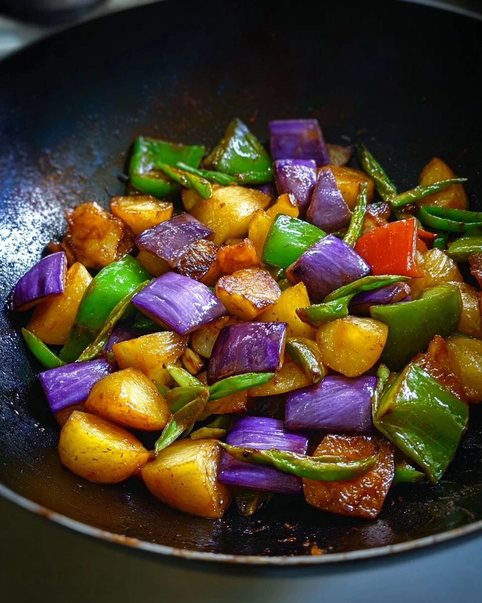 Plate of Northeastern Stir-Fried Eggplant with potatoes and bell peppers