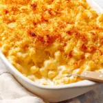 Delicious old fashioned baked macaroni and cheese served in a bowl