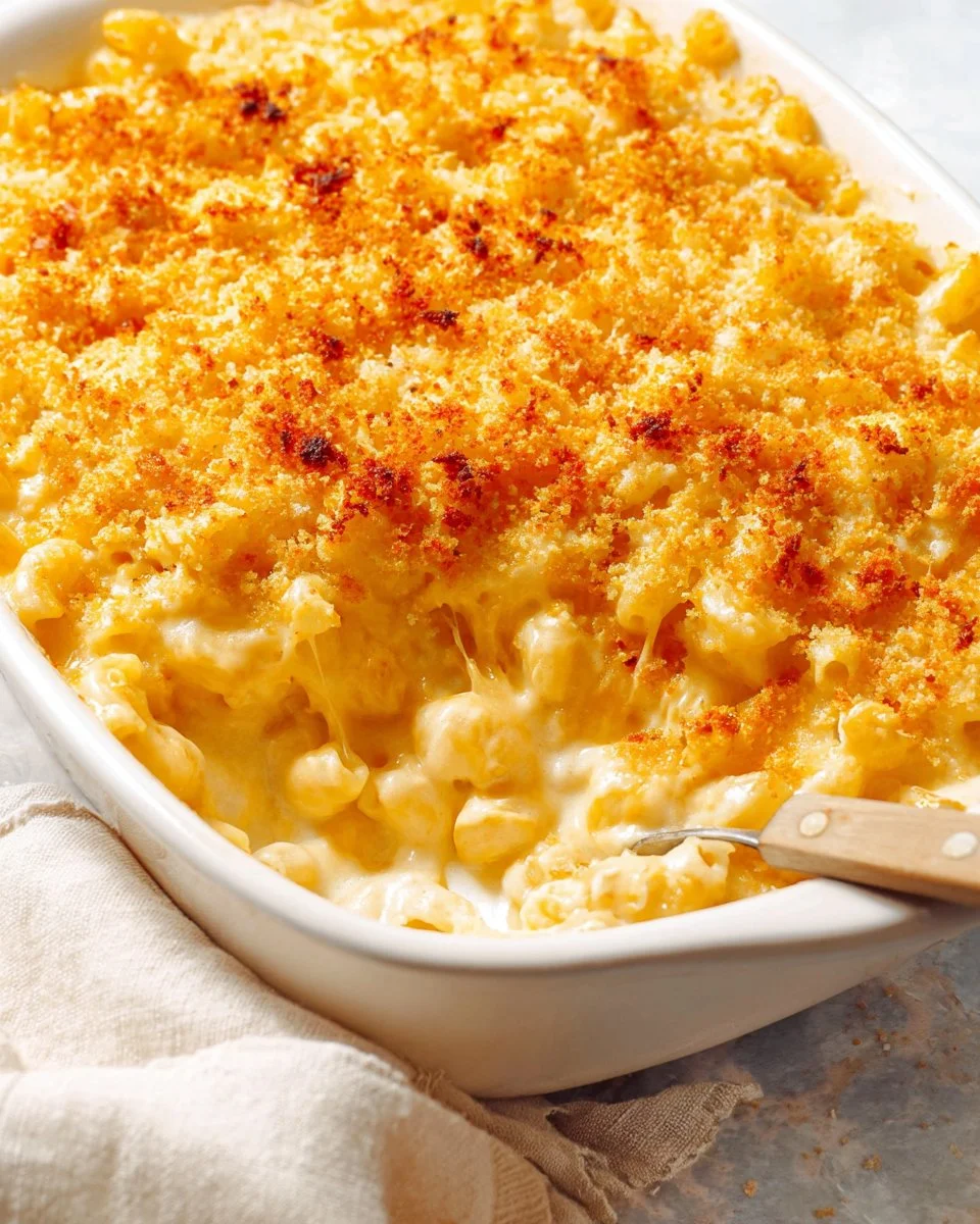 Delicious old fashioned baked macaroni and cheese served in a bowl