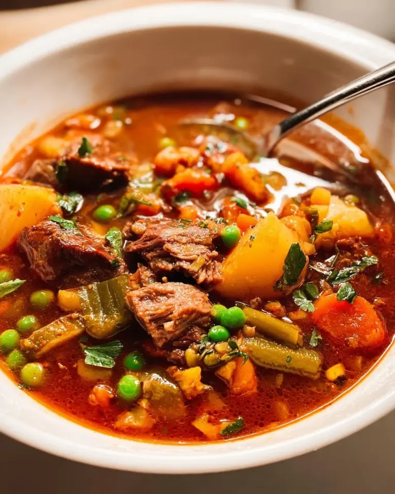 Delicious old fashioned vegetable beef soup with tender beef and fresh vegetables