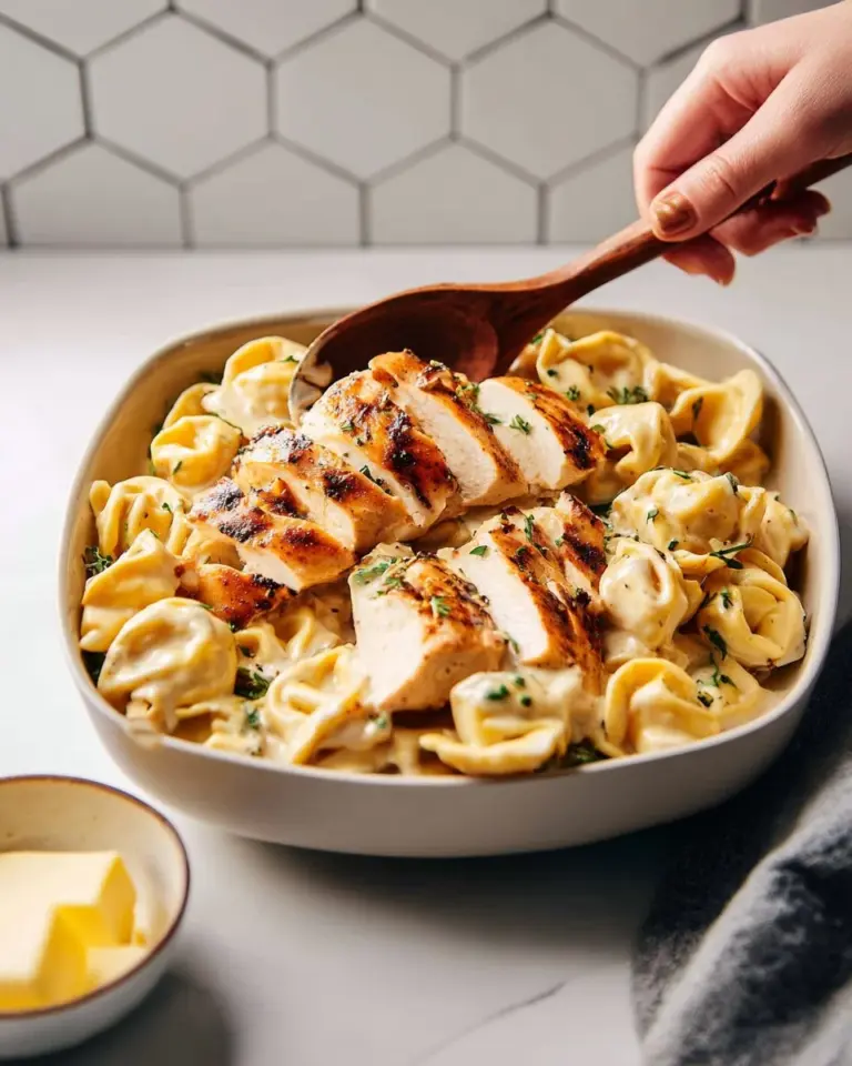 Olive Garden Asiago Tortelloni Alfredo served with grilled chicken on a plate.