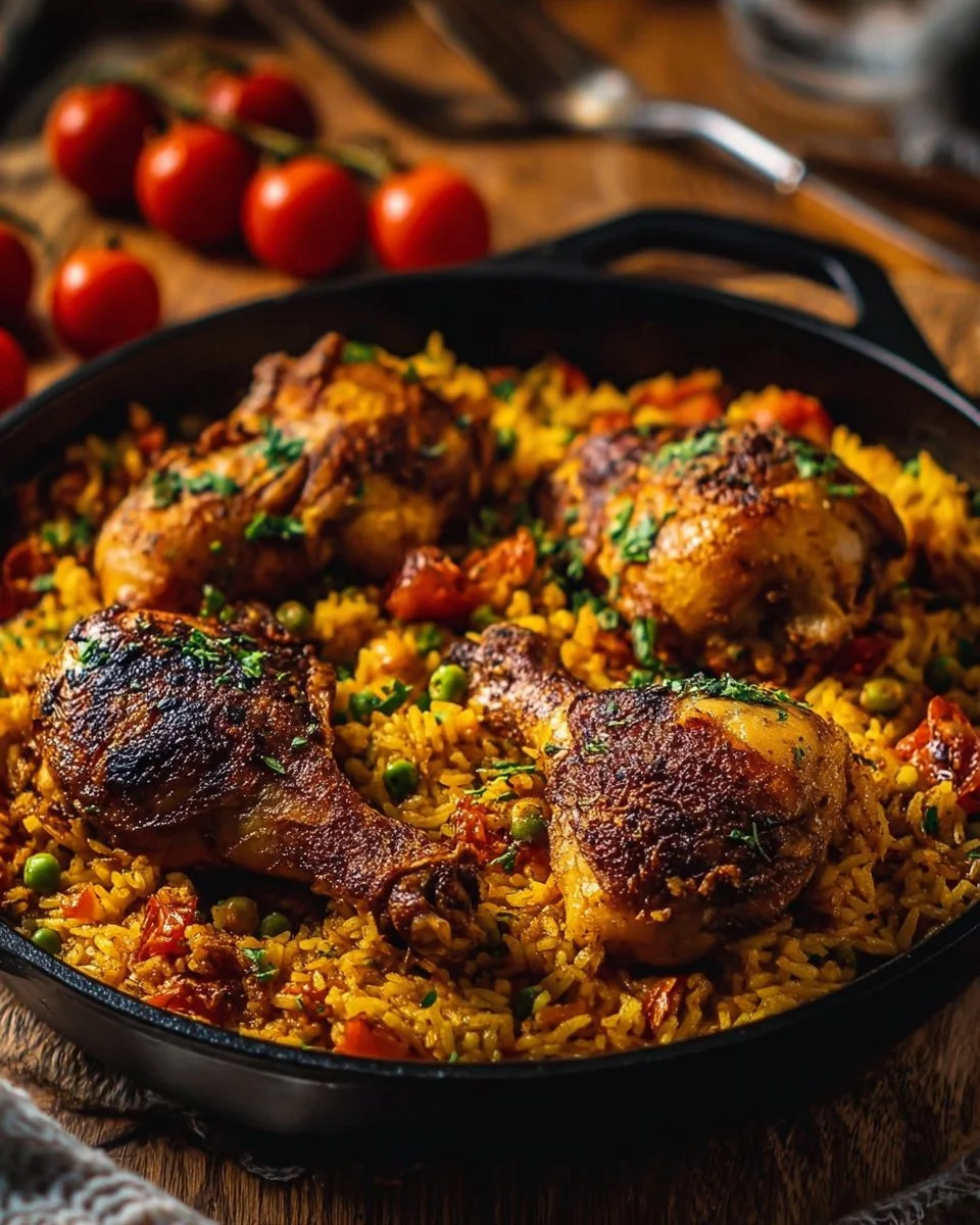 One Pan Spanish Chicken and Rice with vibrant vegetables and spices