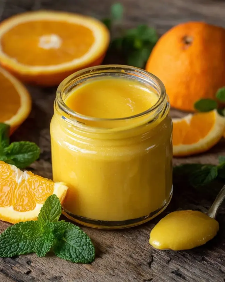 Homemade orange curd in a jar with fresh oranges and a spoon