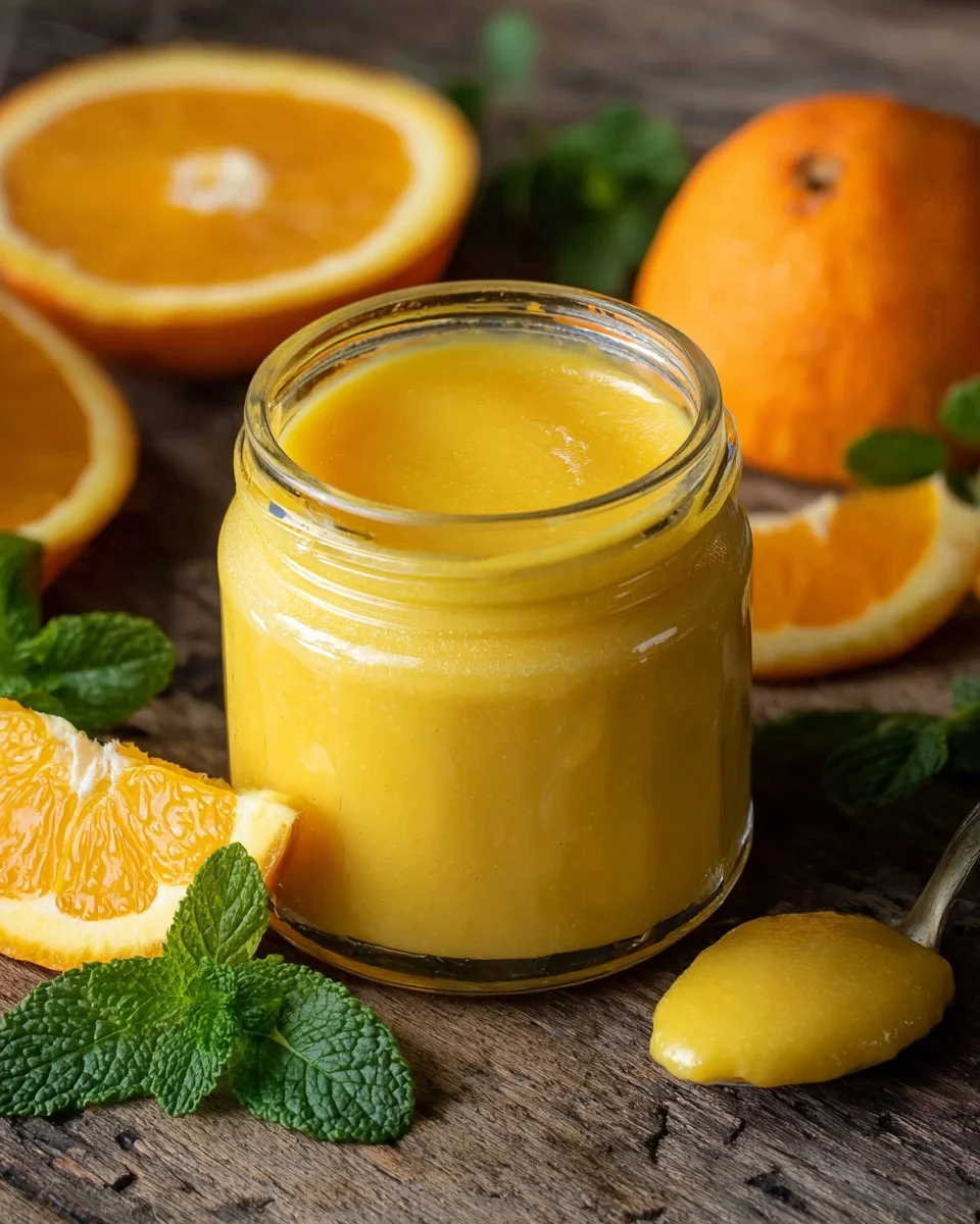 Homemade orange curd in a jar with fresh oranges and a spoon