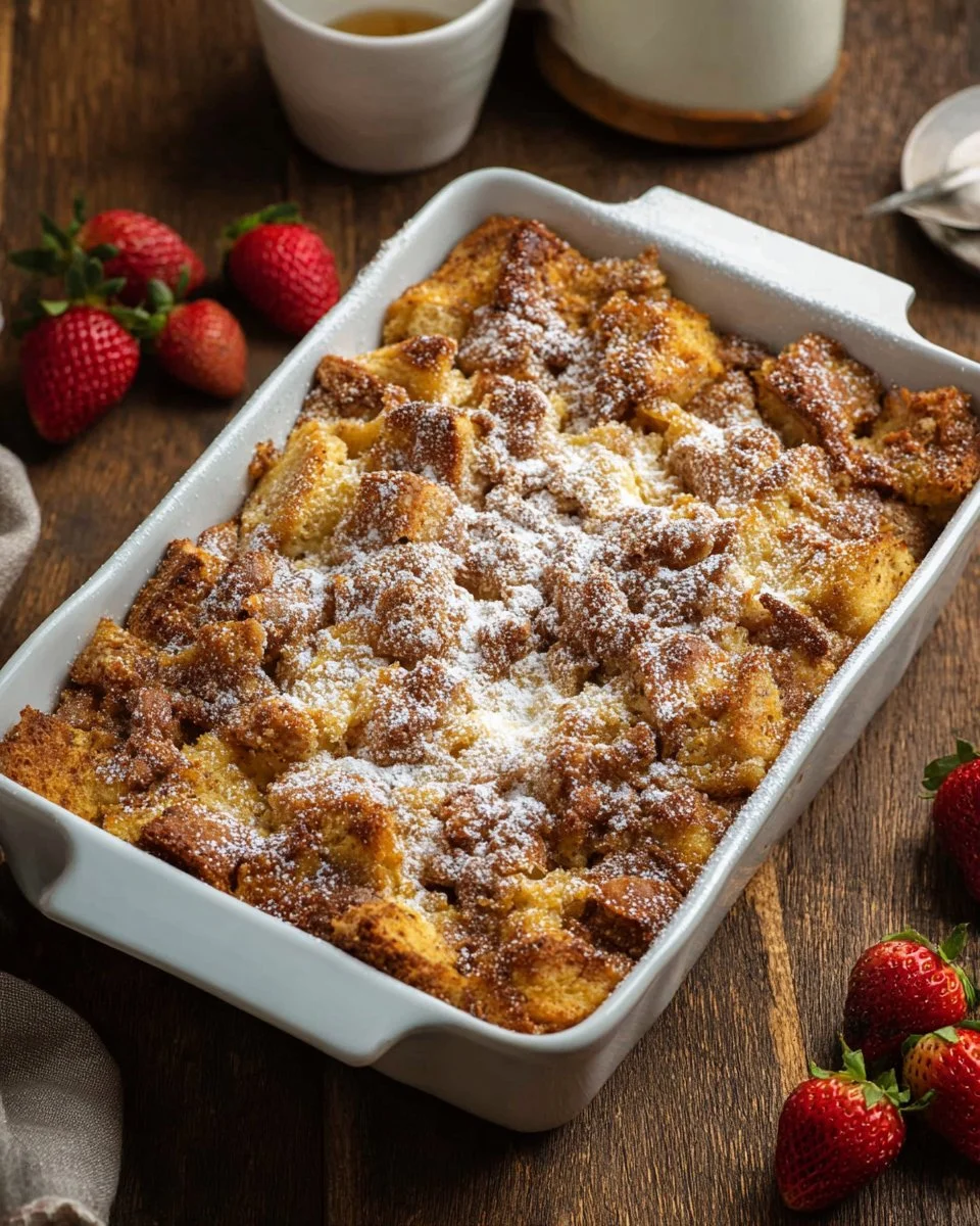 Delicious Overnight French Toast Casserole topped with syrup and berries