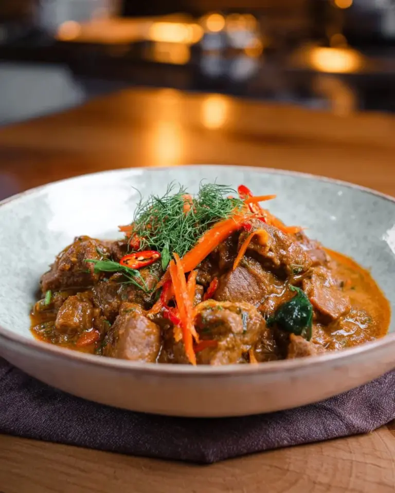 Delicious Panang Curry Beef served with rice and aromatic herbs.