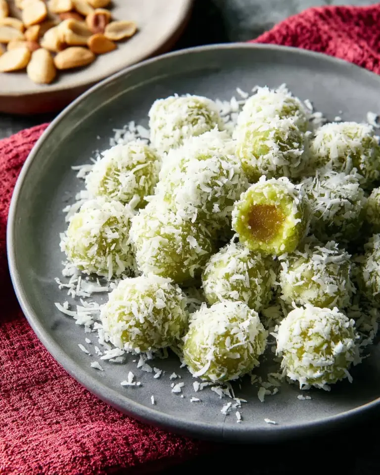 Delicious pandan dumplings filled with palm sugar, served on a plate.