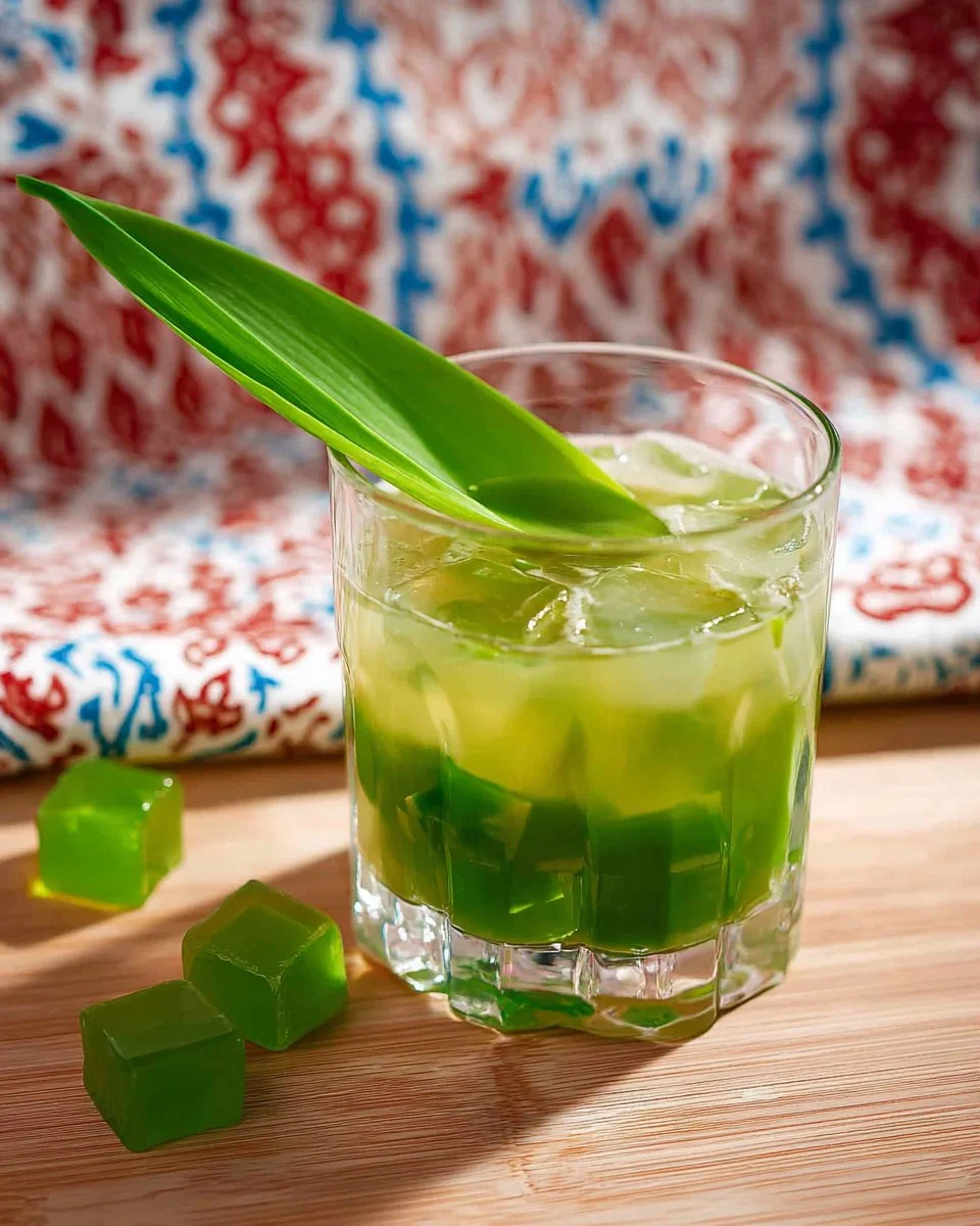 Refreshing Pandan Lemongrass Jelly Iced Tea served in a glass