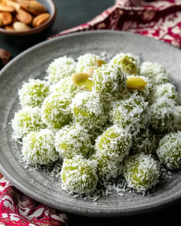 A plate of freshly made Pandan Sugar Dumplings drizzled with syrup