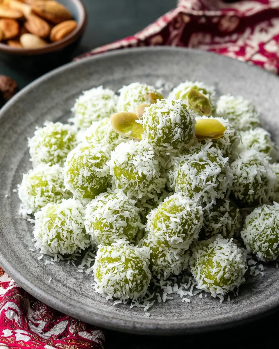 A plate of freshly made Pandan Sugar Dumplings drizzled with syrup