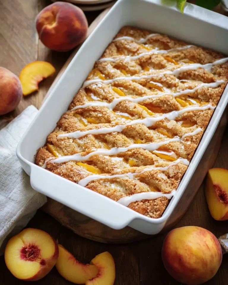 Slice of Peach Crumb Cake with fresh peaches and crumb topping