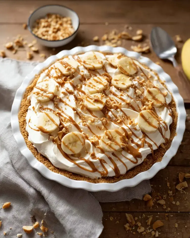 Peanut Butter Banana Cream Pie topped with whipped cream and banana slices