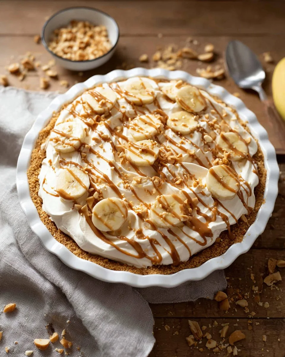 Peanut Butter Banana Cream Pie topped with whipped cream and banana slices