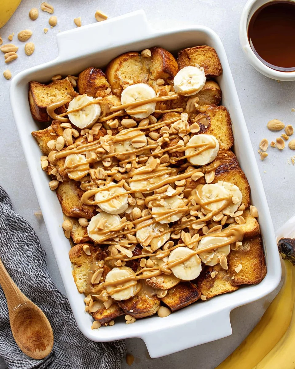 Peanut Butter Banana Overnight French Toast topped with syrup and sliced bananas.