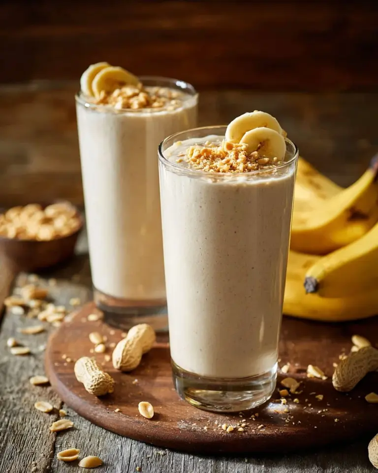 Peanut Butter Banana Smoothie in a glass with fresh bananas and peanut butter nearby