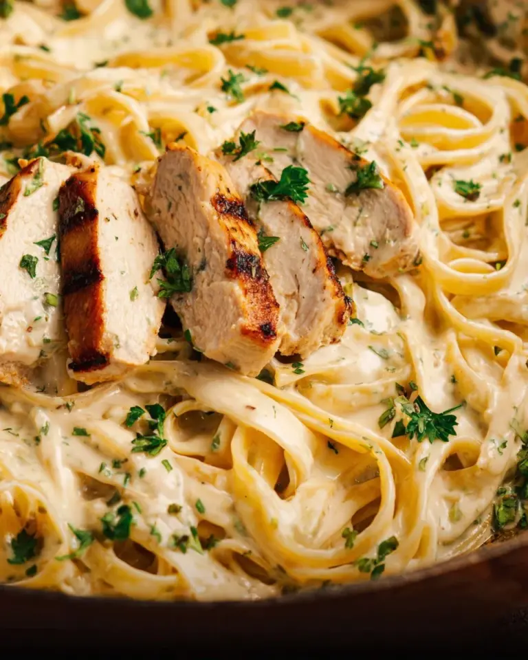 Delicious Chicken Alfredo plated with fresh parsley and parmesan cheese.