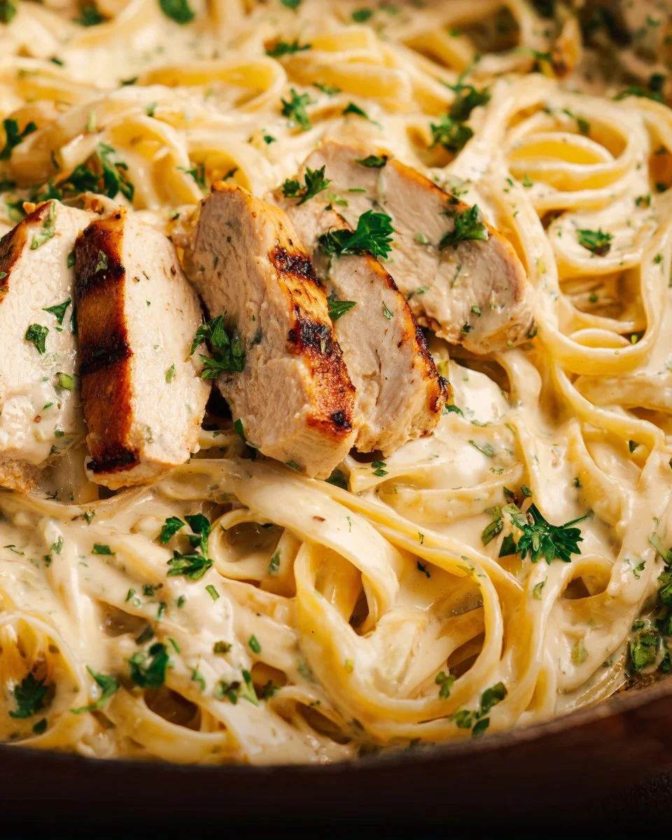 Delicious Chicken Alfredo plated with fresh parsley and parmesan cheese.