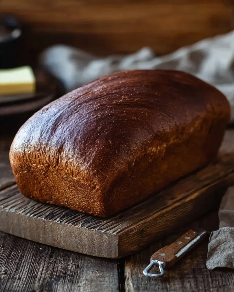 Freshly baked pumpernickel bread with a dark crust and rich texture.