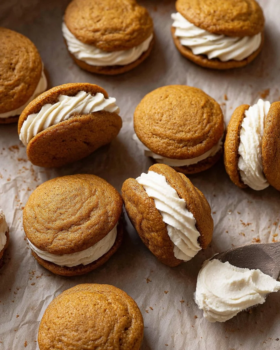 Pumpkin sandwich cookies with brown butter frosting on a rustic background.